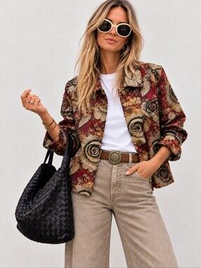 Vintage Chicos Floral Jacquard Tapestry Trucker Jacket Silk Blend